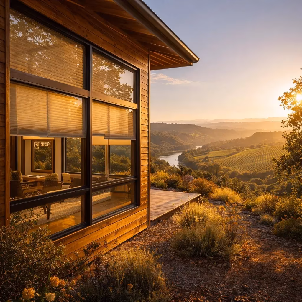 La Grange Window Coverings custom honeycomb shades on a wood-clad hillside retreat with panoramic Russian River valley views from Fitch Mountain, Healdsburg CA 95448
