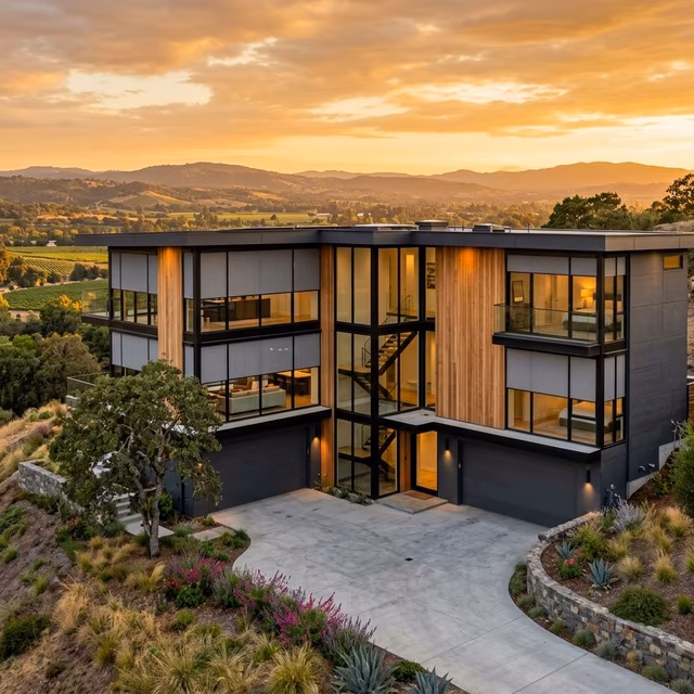 La Grange Window Coverings Somfy motorized solar shades on floor-to-ceiling glass in a contemporary post-Tubbs Fire rebuild estate on Fountaingrove Parkway, Santa Rosa CA 95404