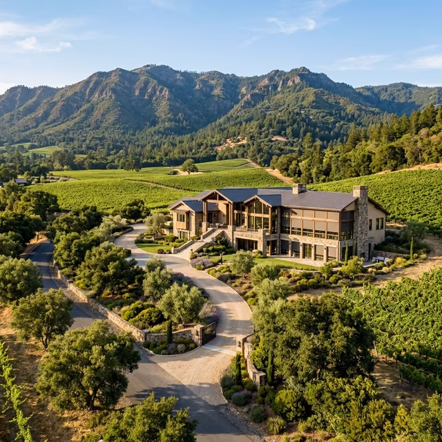 La Grange Window Coverings estate-scale Somfy motorized solar shades with sun-tracking automation on a vineyard property along Warm Springs Road near Landmark Vineyards, Kenwood CA 95452
