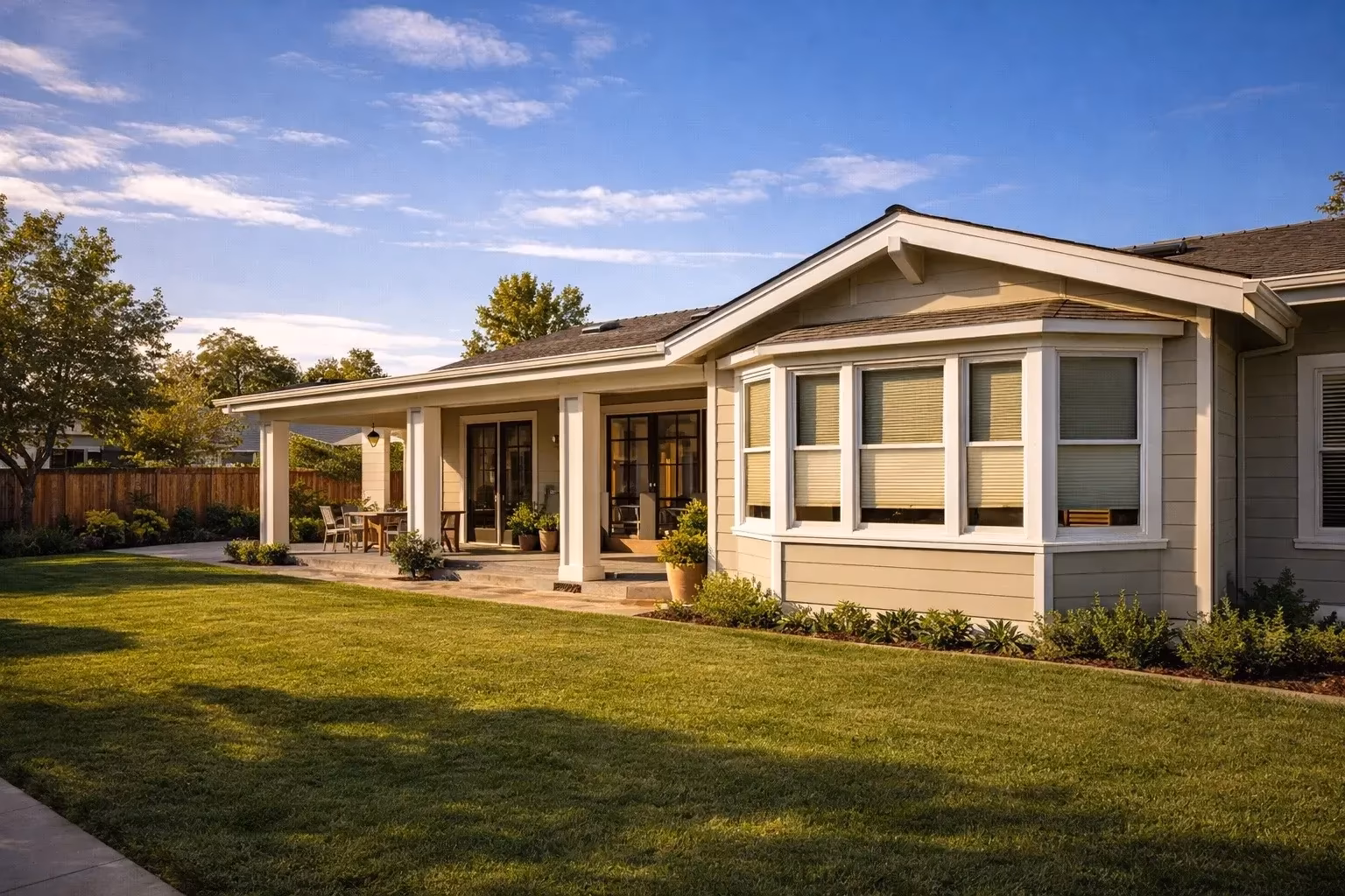 La Grange Window Coverings custom cellular shades on a contemporary California ranch home with manicured landscaping in Novato, Marin County CA 94945