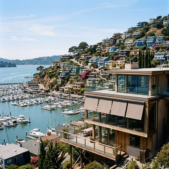 La Grange Window Coverings marine-grade Somfy motorized solar shades with salt-air resistant hardware on a hillside home overlooking Sausalito marina and Richardson Bay, Sausalito CA 94965