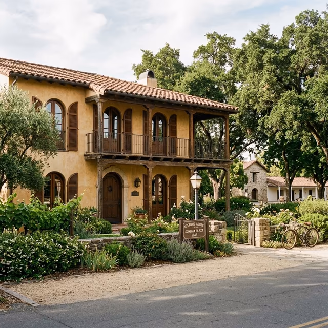 La Grange Window Coverings period-accurate plantation shutters with hidden tilt rod matching original adobe millwork on a historic residence near Sonoma Plaza and Mission San Francisco Solano, Sonoma CA 95476