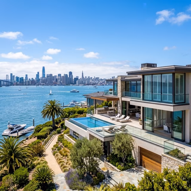 La Grange Window Coverings Palm Beach Polysatin shutters with salt-air resistant UV-stabilized compound on a waterfront estate overlooking San Francisco Bay on the Tiburon Peninsula, Tiburon CA 94920
