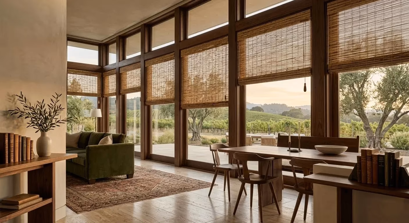 La Grange Window Coverings Hartmann and Forbes handwoven natural fiber shade with organic bamboo texture on courtyard French doors near SingleThread Inn, Healdsburg CA 95448