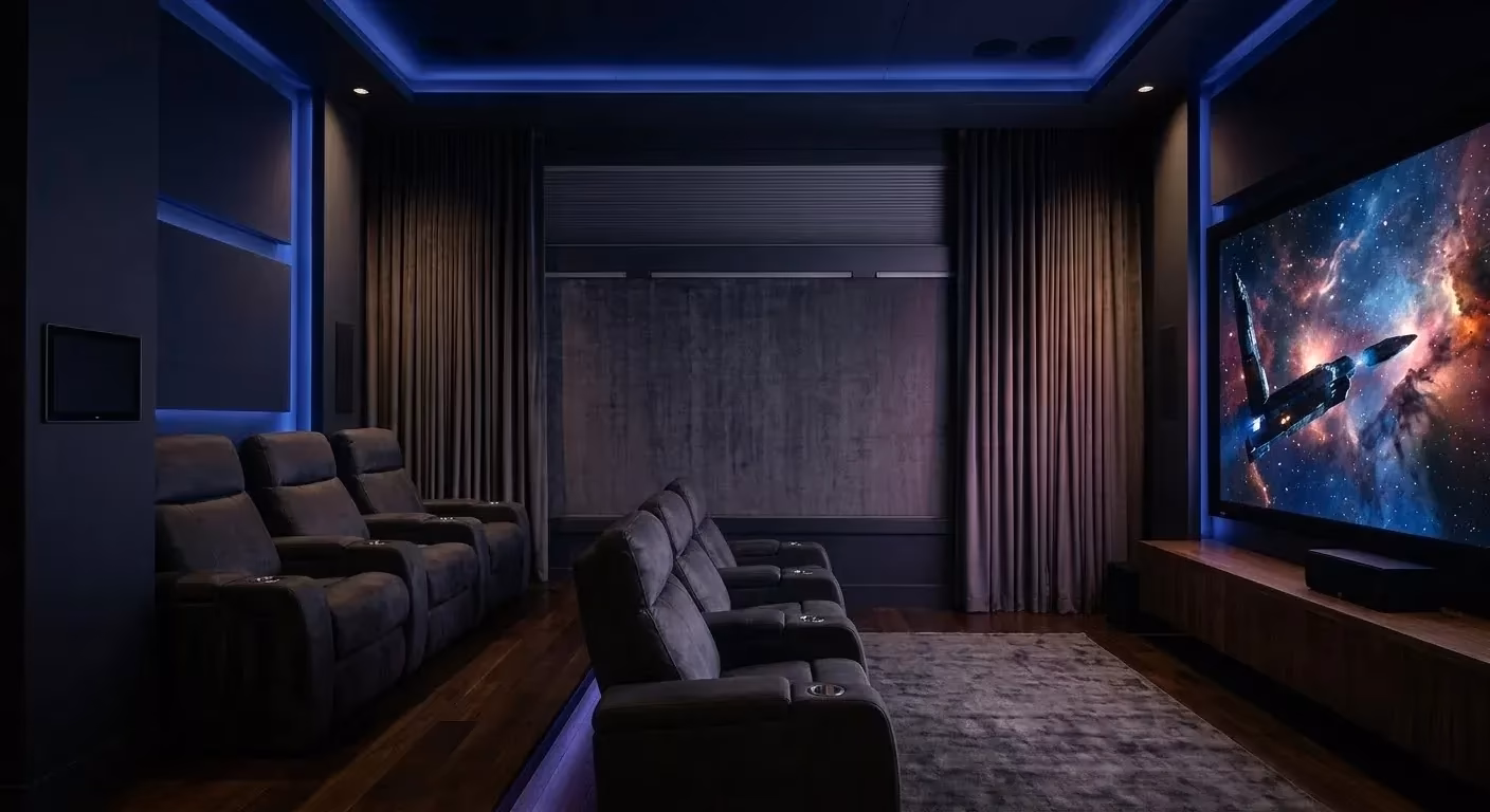 La Grange Window Coverings Somfy motorized blackout shades with sub-25 dBA Quiet Tech operation in a tiered luxury home theater with recessed shade pockets near Healdsburg Mill District, Healdsburg CA 95448