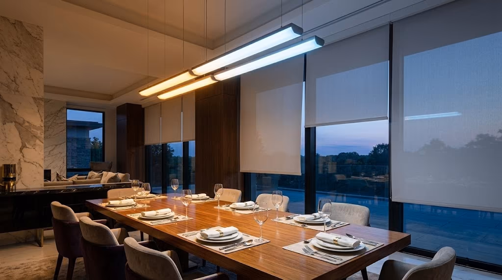 La Grange Window Coverings warm-to-cool gradient tunable lighting with synchronized automated shade control in a Mill District loft near SingleThread Inn, Healdsburg CA 95448