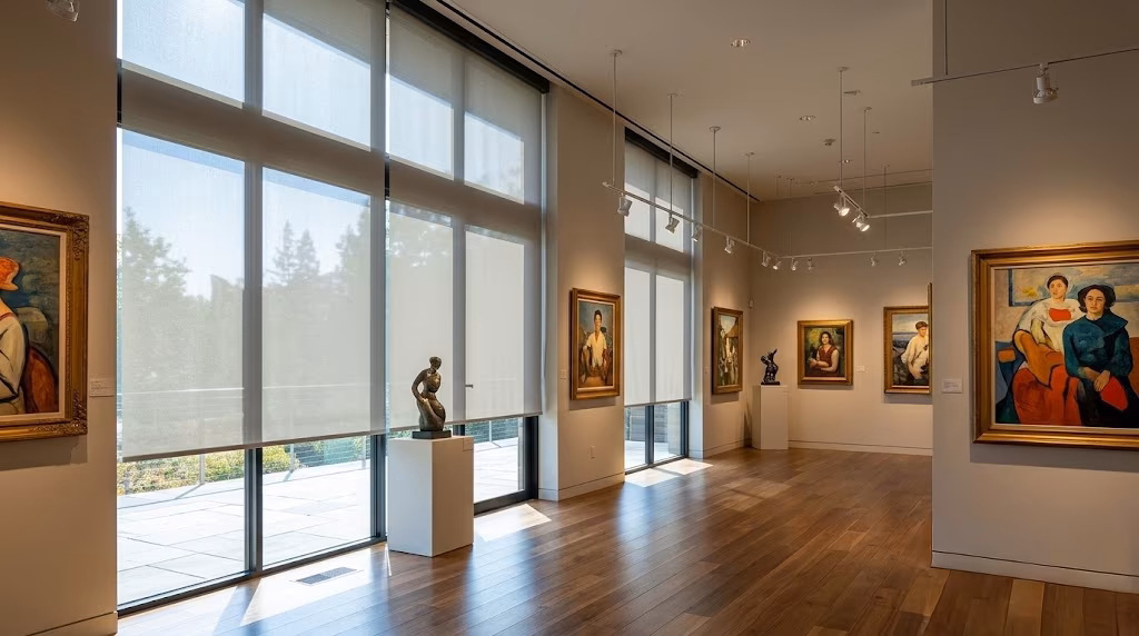 La Grange Window Coverings 99% UV-filtering solar shades preserving fine art and hardwood floors with SHGC 0.17 performance in a Dry Creek Valley estate near Aperture Cellars, Healdsburg CA 95448
