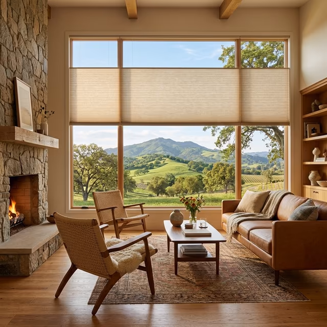 La Grange Window Coverings Hunter Douglas Duette Architella cellular shades with R-7.0 insulation framing panoramic Sonoma Mountain views in a Bennett Valley ranch home, Santa Rosa CA 95405