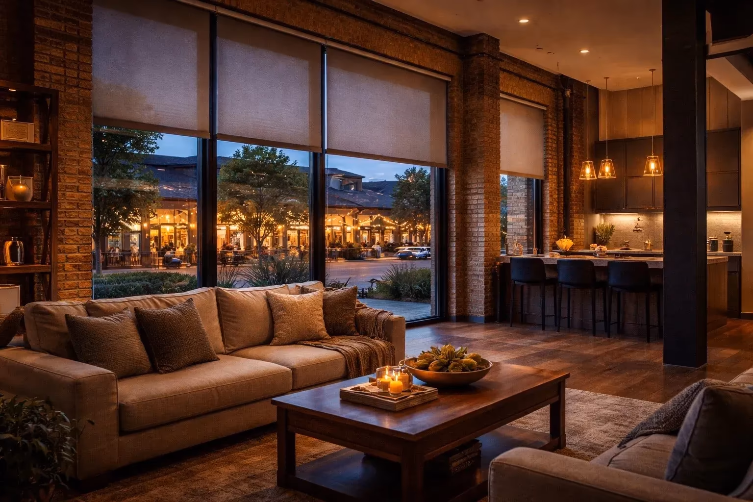La Grange Window Coverings motorized roller shades with evening city views in a contemporary Pacheco Valle residence, Novato CA 94945