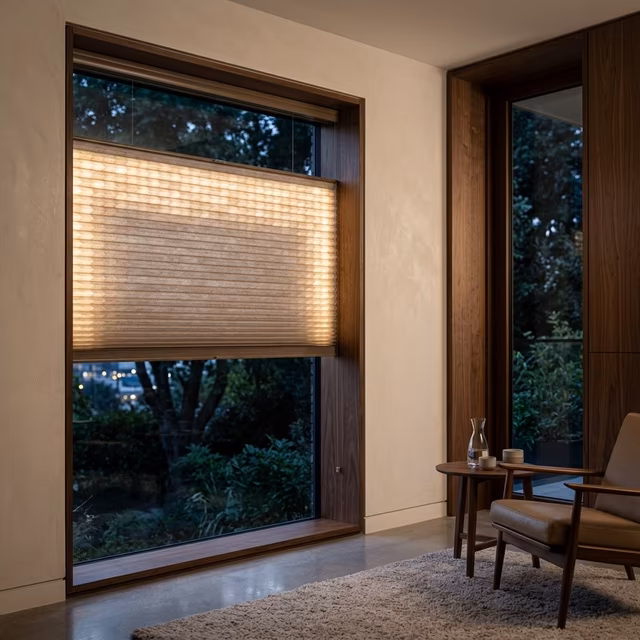 La Grange Window Coverings Hunter Douglas Aura Illuminated Shades with integrated LED backlighting creating ambient daylight effect in a Sonoma County wine country tasting room, Healdsburg CA 95448