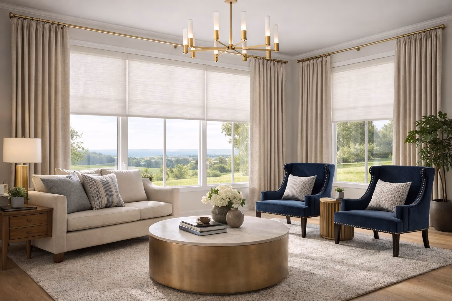 Hunter Douglas Designer Roller Shades paired with custom linen drapery panels in a luxury living room with brass chandelier and countryside views, installed by La Grange Window Coverings Sonoma County CA